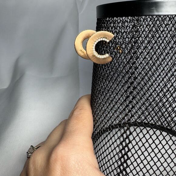 C Shaped CZ Yellow Gold Sterling Silver Hoop Stud Cuff Earrings - Picture 4 of 5